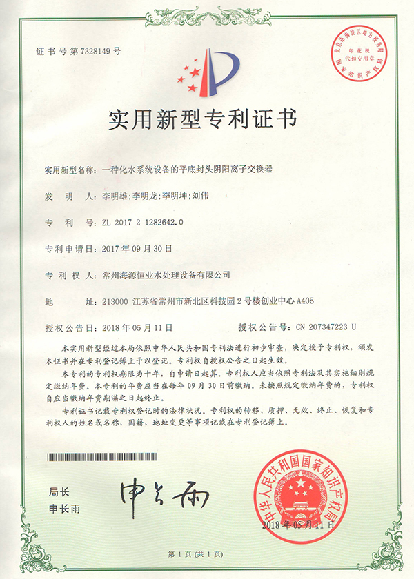 一种化水系统设备的平底封头阴阳离子交换器